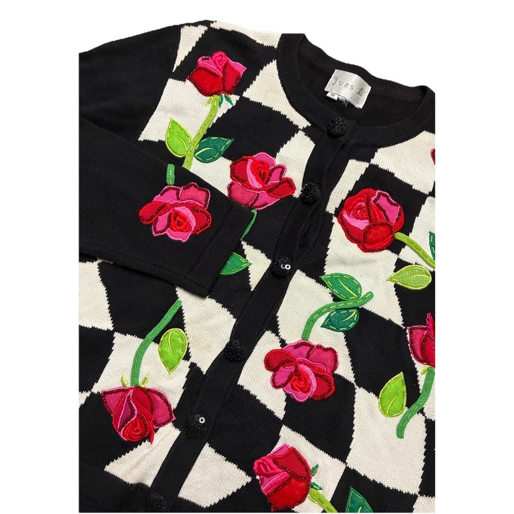 Just B Cardigan Women's M Black White Floral Roses Embroidered Beaded Y2K‎